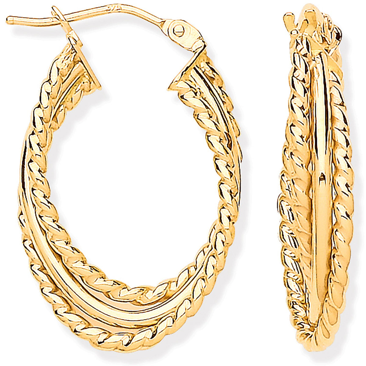 Yellow Gold Triple Layer Ribbed &amp; Plain Oval Hoop Earrings