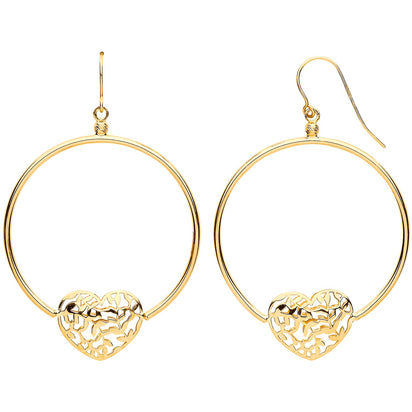Yellow Gold Round Tube, Filigree Heart, Hook Style Earrings