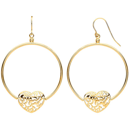 Yellow Gold Round Tube, Filigree Heart, Hook Style Earrings