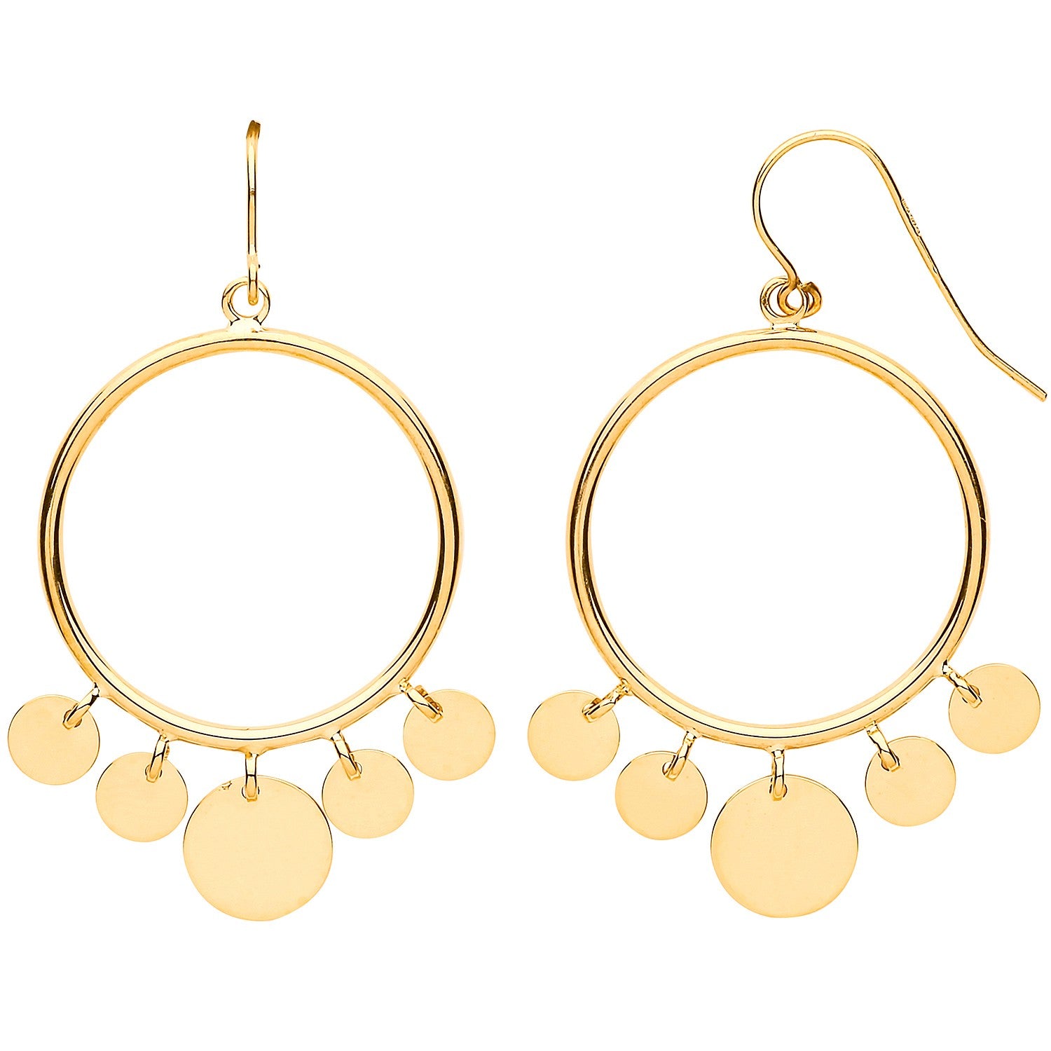 Yellow Gold Round Tube with Circle Disc Dangles, Hook Style Earrings