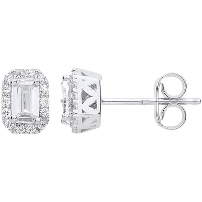 White Gold Baguette Halo Stud Earrings