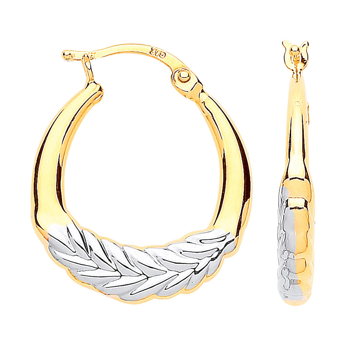 Yellow Gold &amp; White Gold Barley Leaf Hoop Earrings