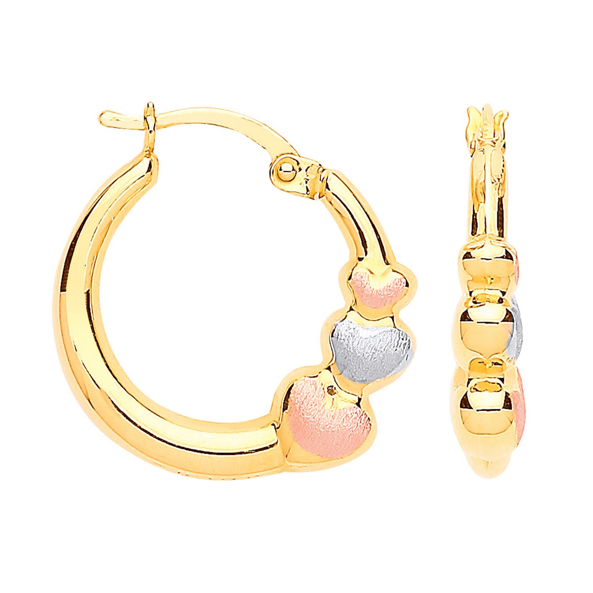 Yellow Gold with R&amp;WG Satin Finish Hearts Hoop Earrings