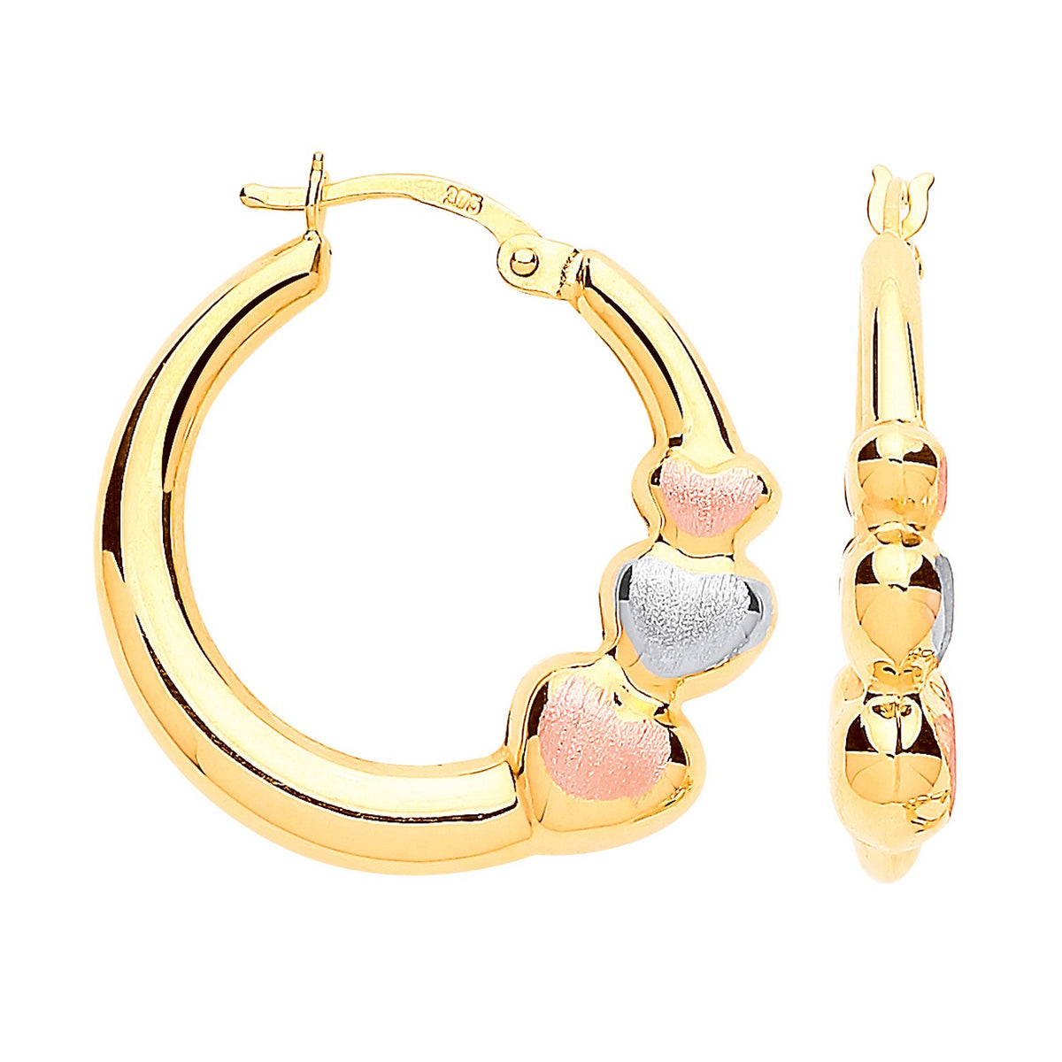 Yellow Gold with R&amp;WG Satin Finish Large Hearts Hoop Earrings