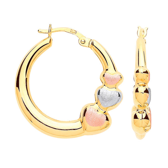 Yellow Gold with R&WG Satin Finish Large Hearts Hoop Earrings