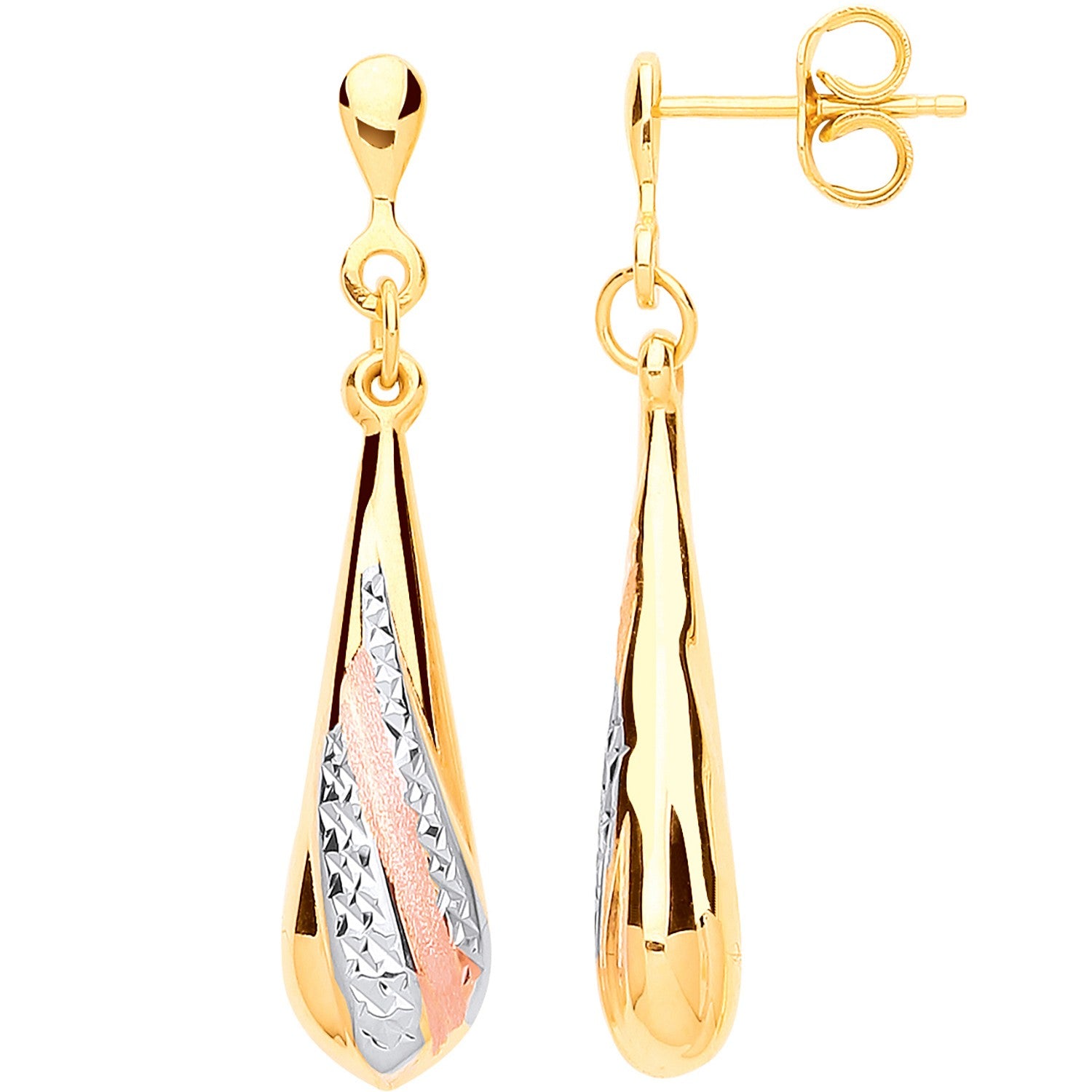 Y/G, RG Satin Finish, White Gold Ribbed Drop Earrings