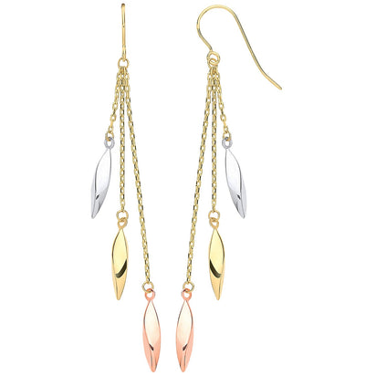 Yellow Gold, White Gold & RG Twisted Tubes Hollow Drop Earrings