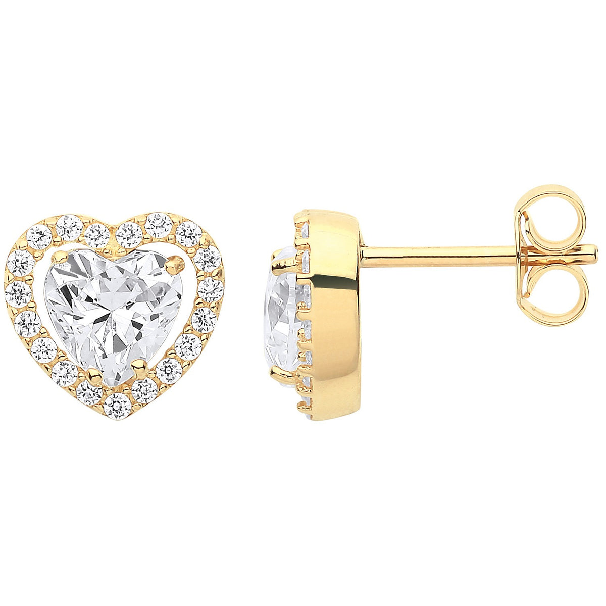 Yellow Gold Heart Halo Style CZ Stud Earrings - Main Image