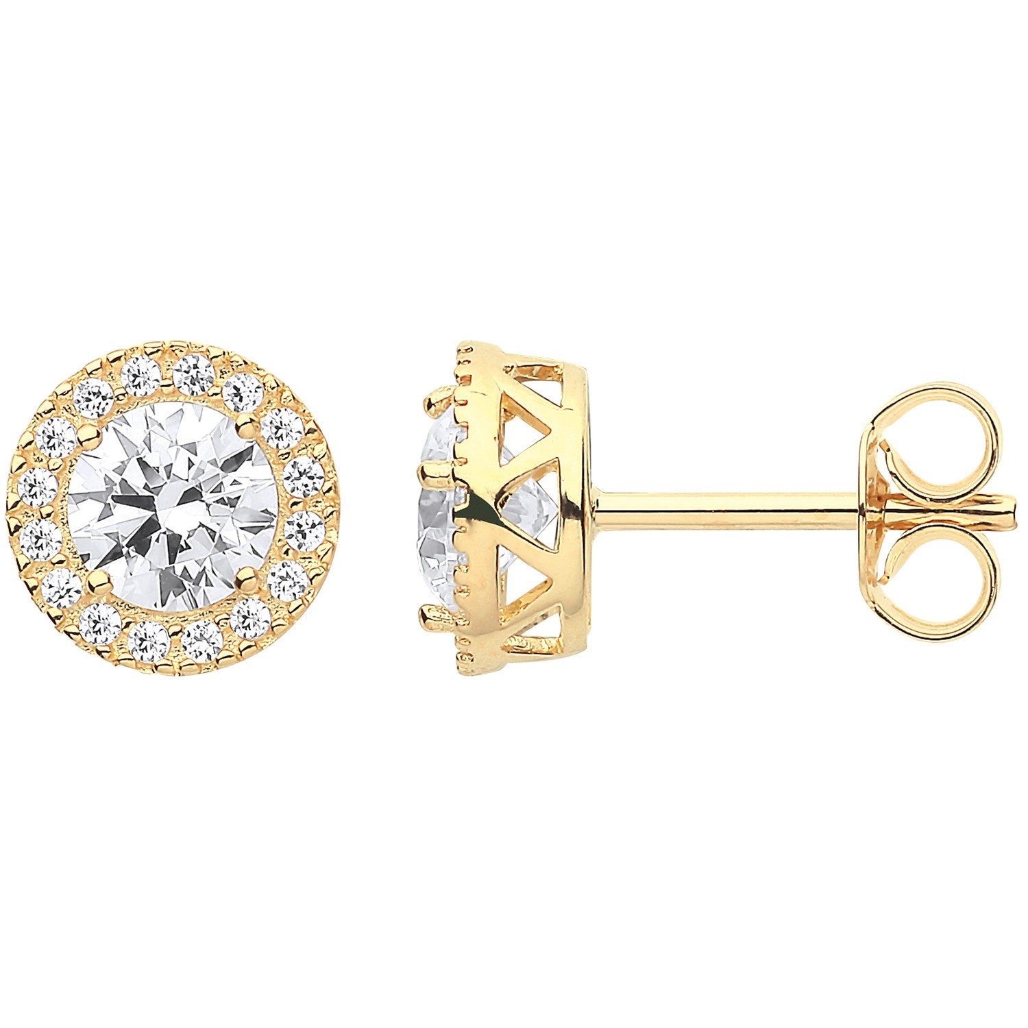 Yellow Gold 8mm Round CZ Halo Stud Earrings