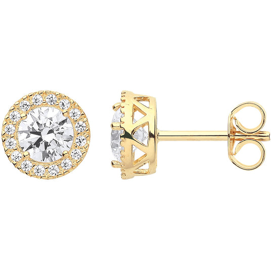 Yellow Gold 8mm Round CZ Halo Stud Earrings