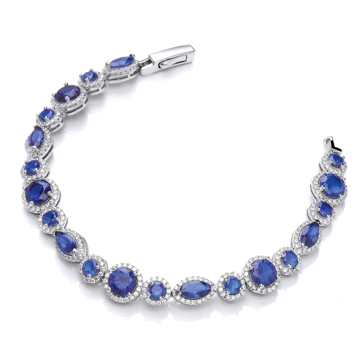 Marquise &amp; Rounds Sapphire Blue Cz&#39;s in Halo with Clear Cz Tennis Silver Bracelet