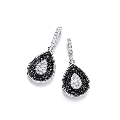 Micro Pave' Black & Clear Cz Teardrop Shape Earrings