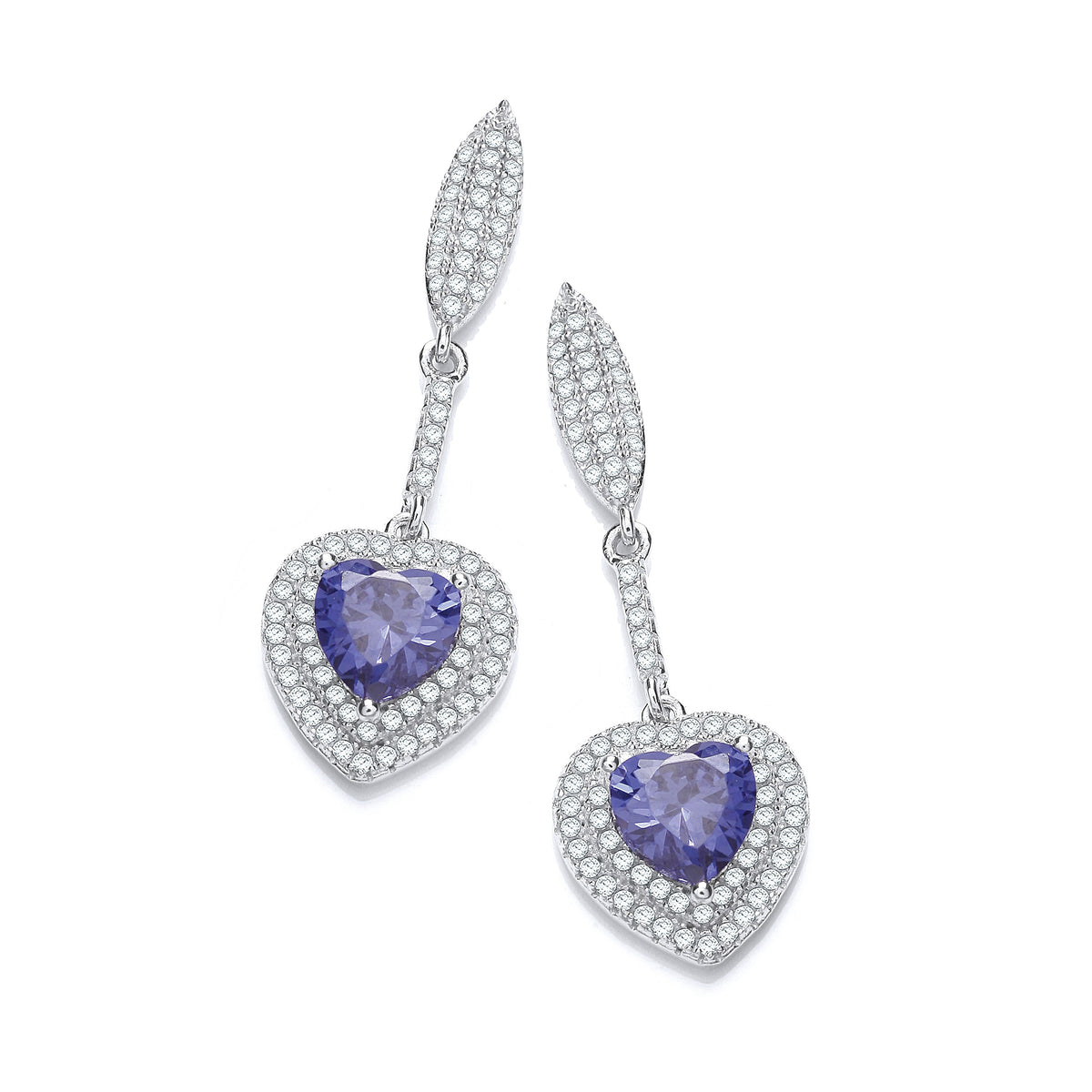 Micro Pave&#39; Blue Heart Drop Cz Earrings