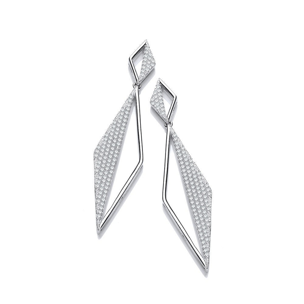 Long Triangle Pave&#39; Cz Drop Silver Earrings