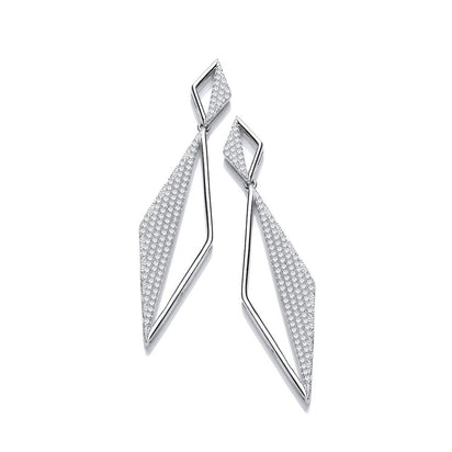 Long Triangle Pave' Cz Drop Silver Earrings