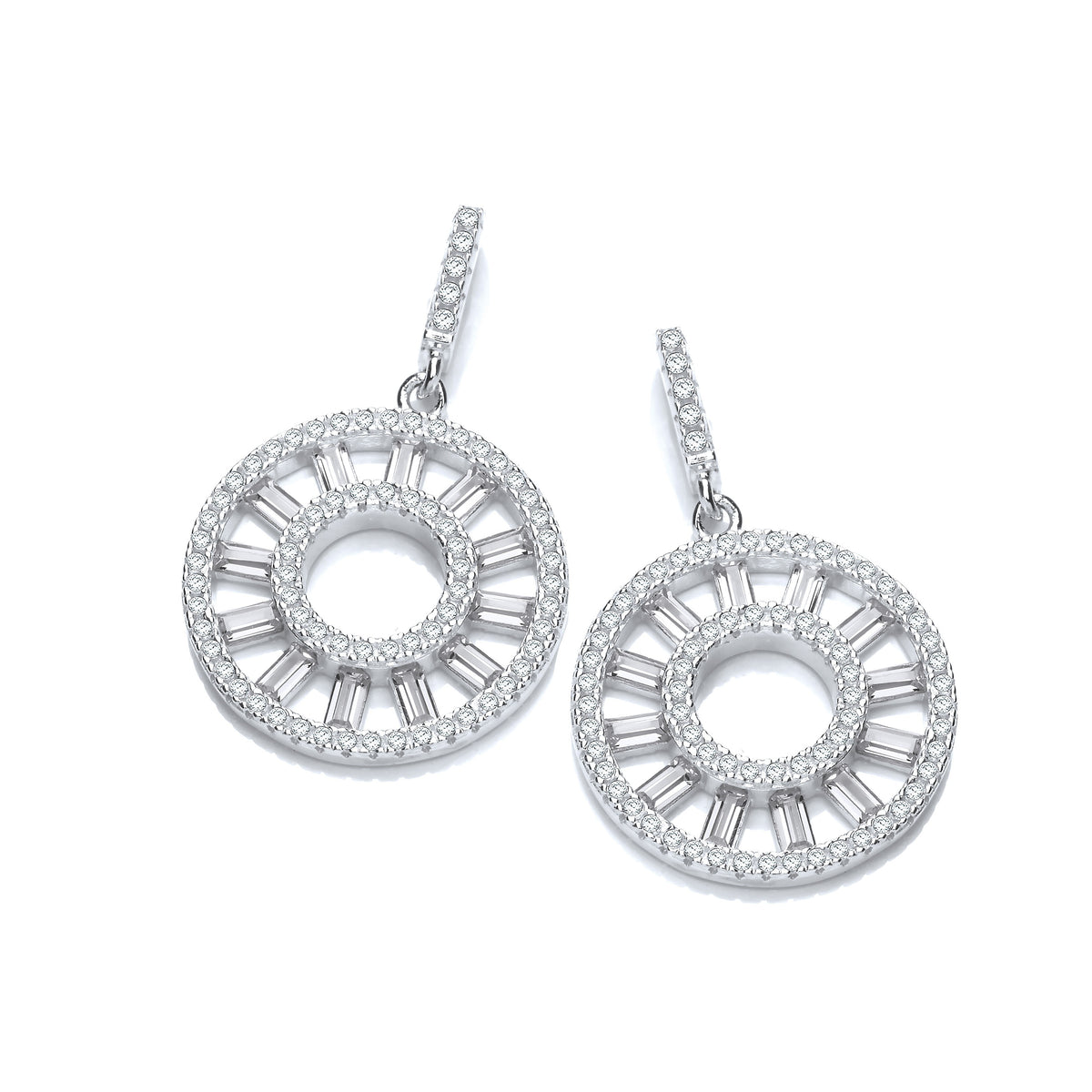 Circle of Life Round &amp; Baguette Cz Silver Earrings