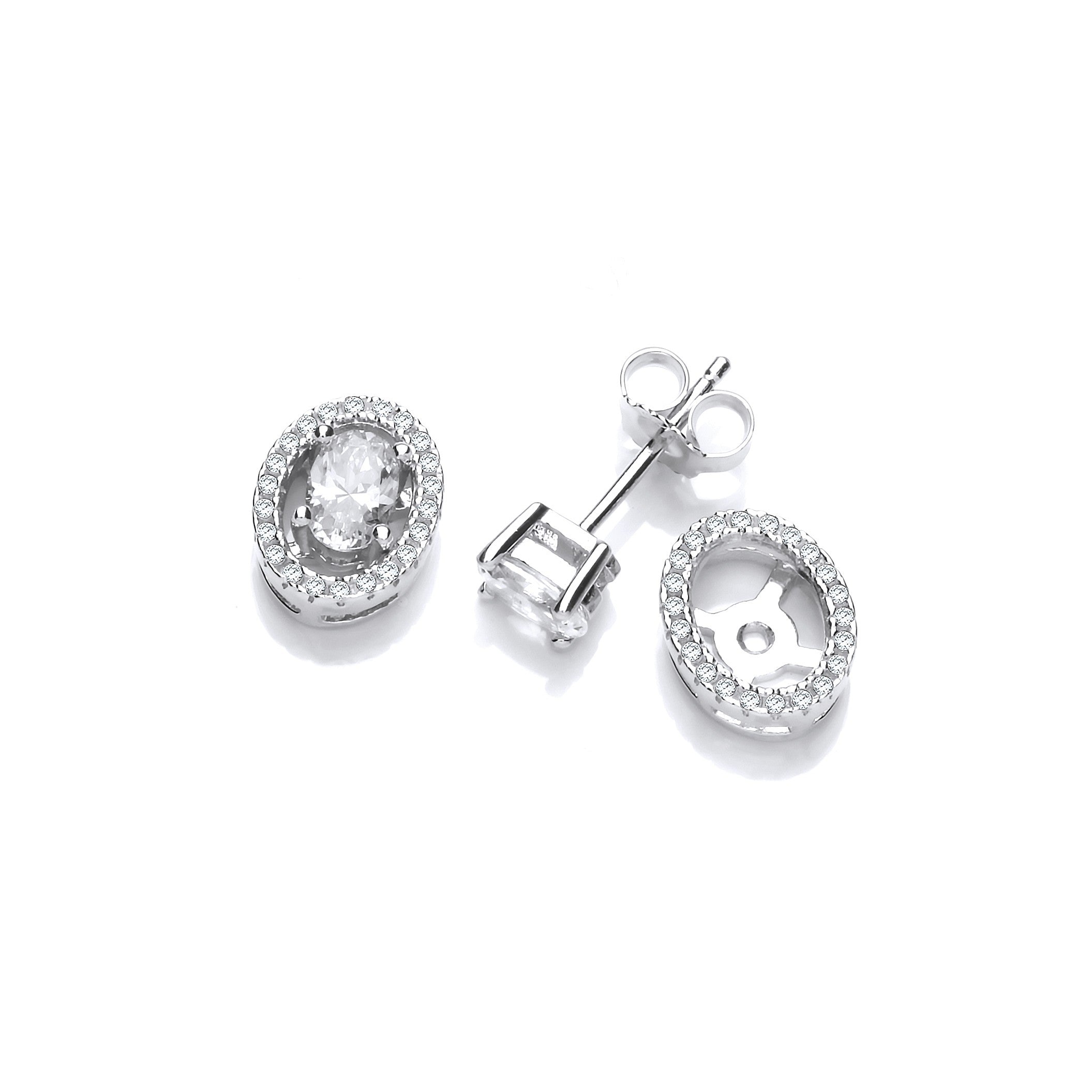 Micro Pave Oval Cz Halo Stud Silver Earrings