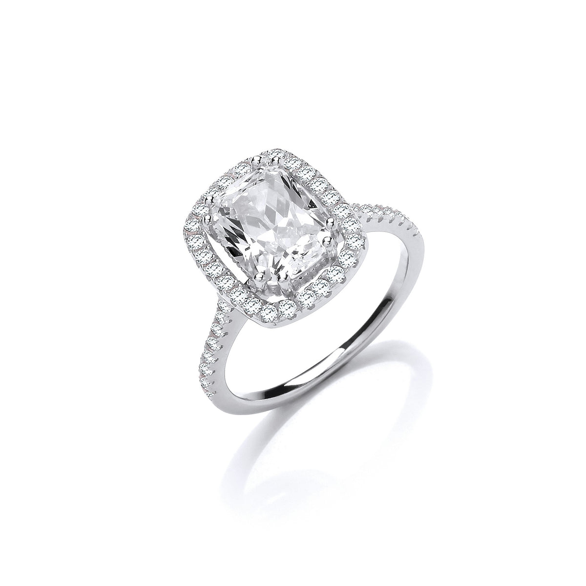 Halo Style High Setting Emerald Cut Cz Silver Ring