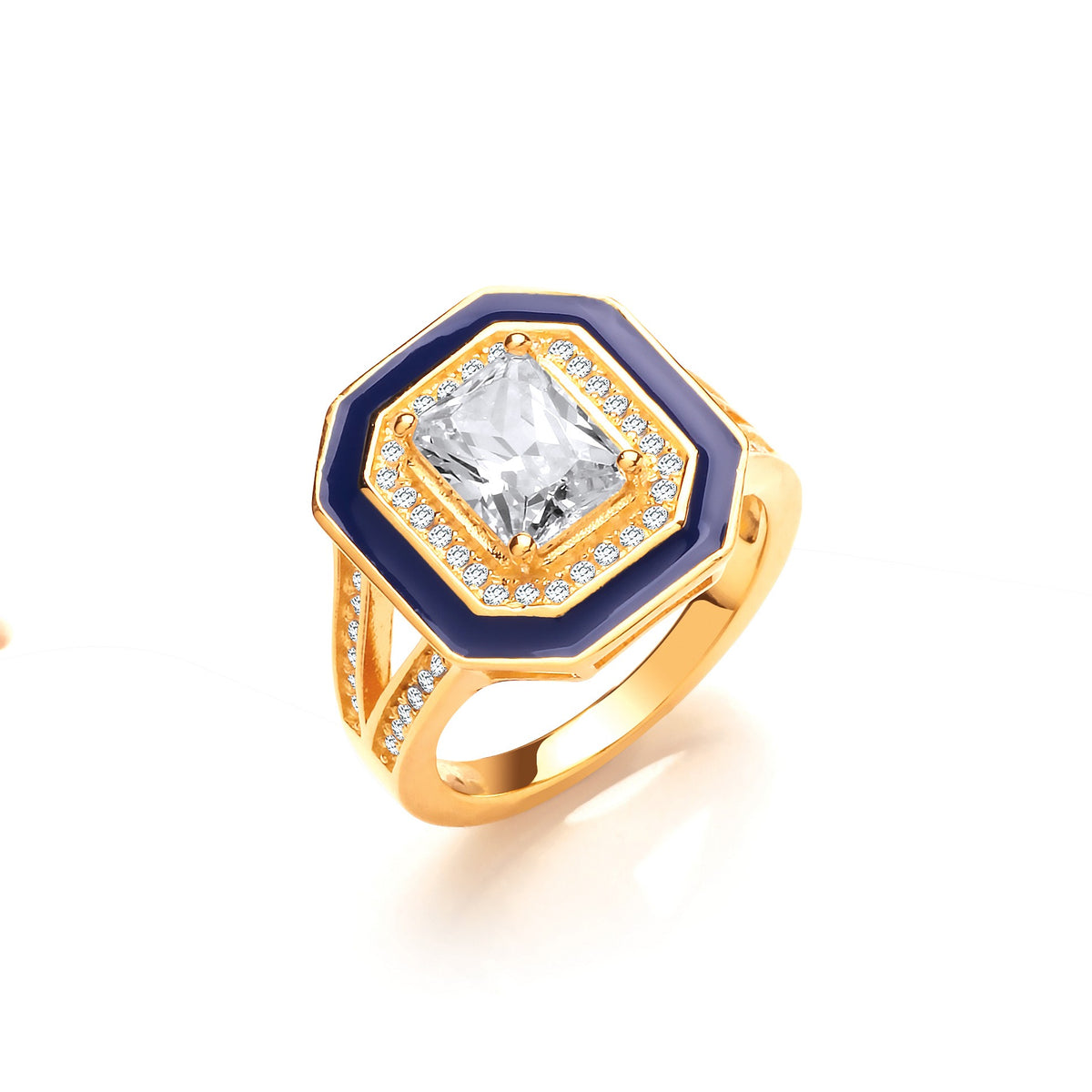 High Setting, Split Shank, Blue Enamel  &amp; Cz Yellow Gold Plated Silver Ring