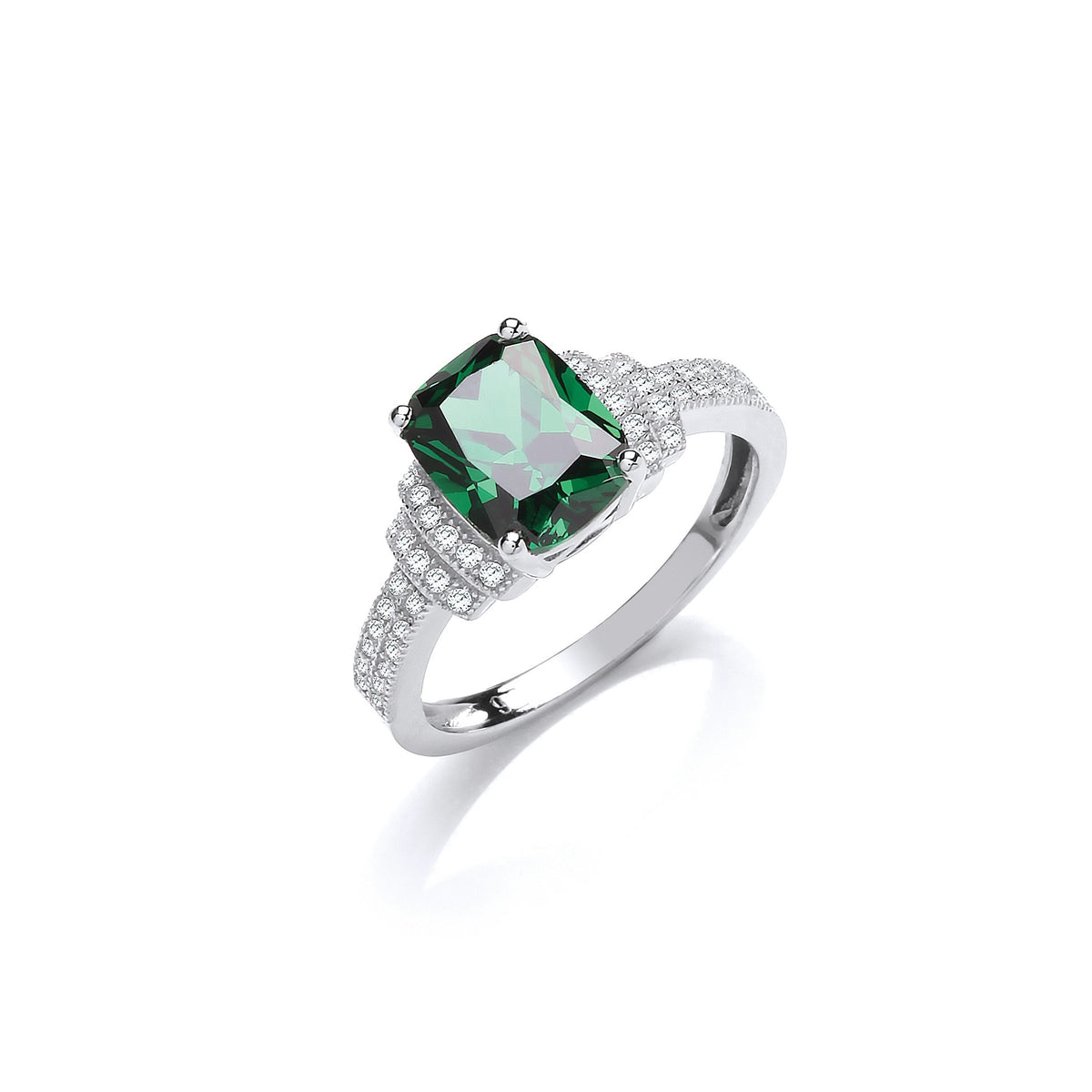 Emerald Cut Green Cz Centre with Clear Cz on Shoulder Silver Ring