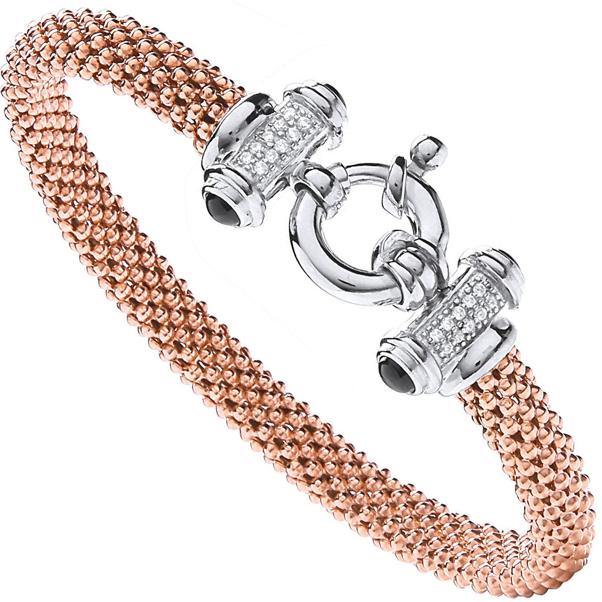 Silver Rose Coated Popcorn Cz Bangle with Bolt Ring in the Centre