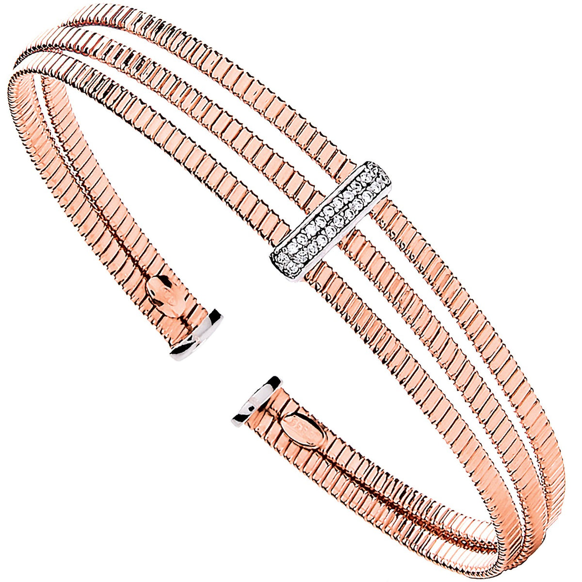 Silver Rose Coated 3 Rib Wires with Cz Plate Ladies Bangle