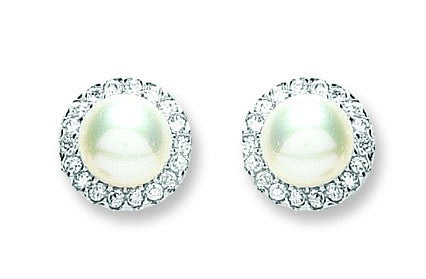 Silver Pearl & Cz Stud Earrings