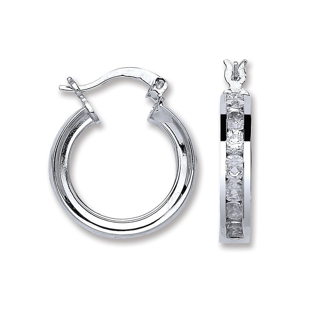 Silver Channel Set Cz Hoop Earrings