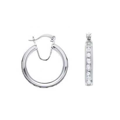 Silver Channel Set Cz Hoop Earrings