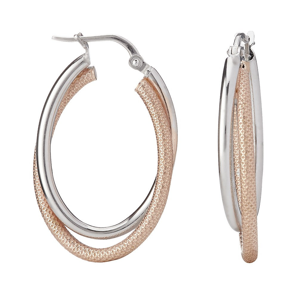 Silver Oval Two Tone Hoop Earrings