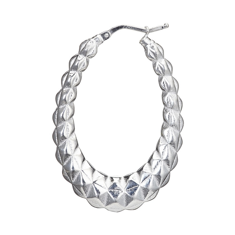 Silver Faceted Large Oval Hallow Hoop Earrings