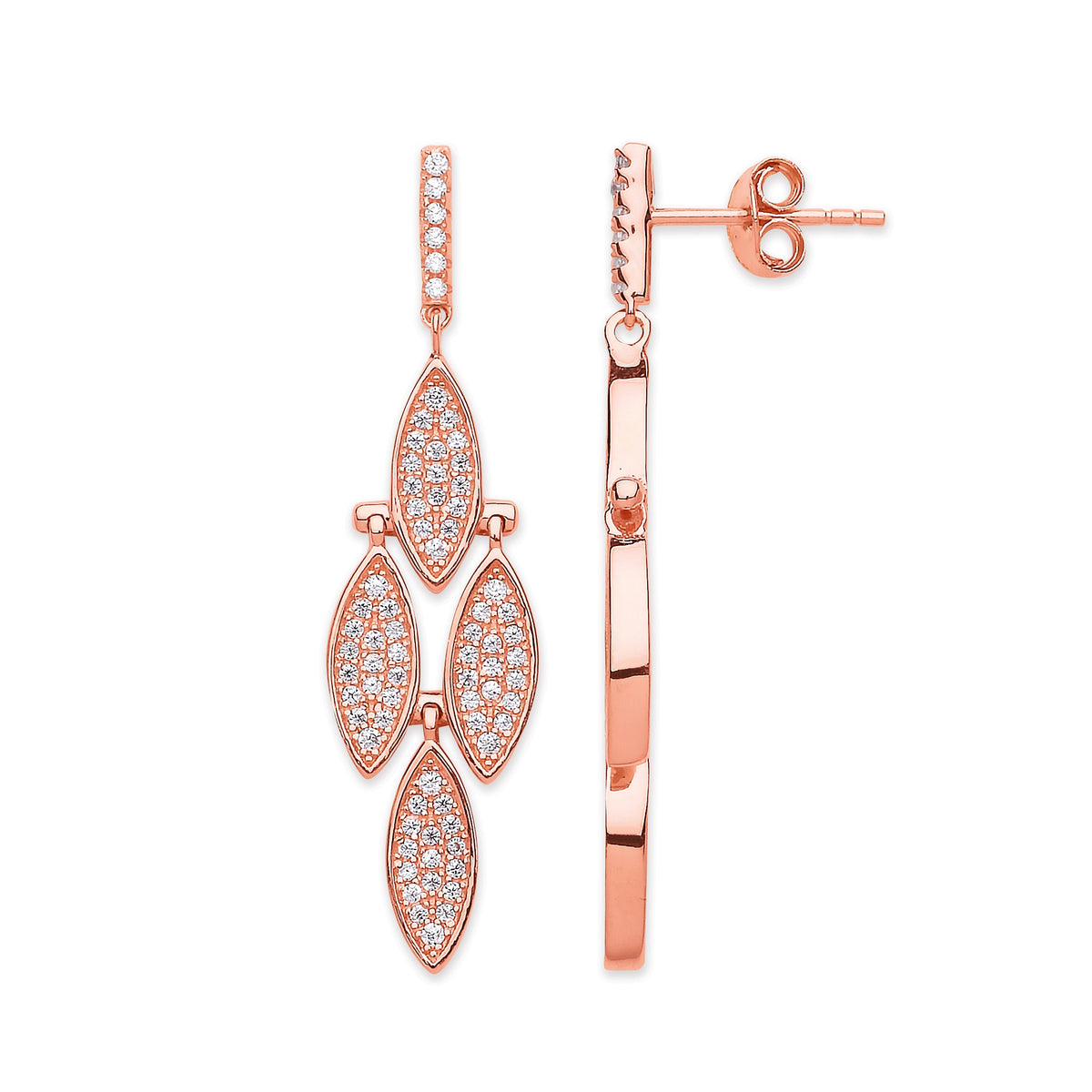 Silver Rose Gold Coated Cz Rhombus Drop Earrings