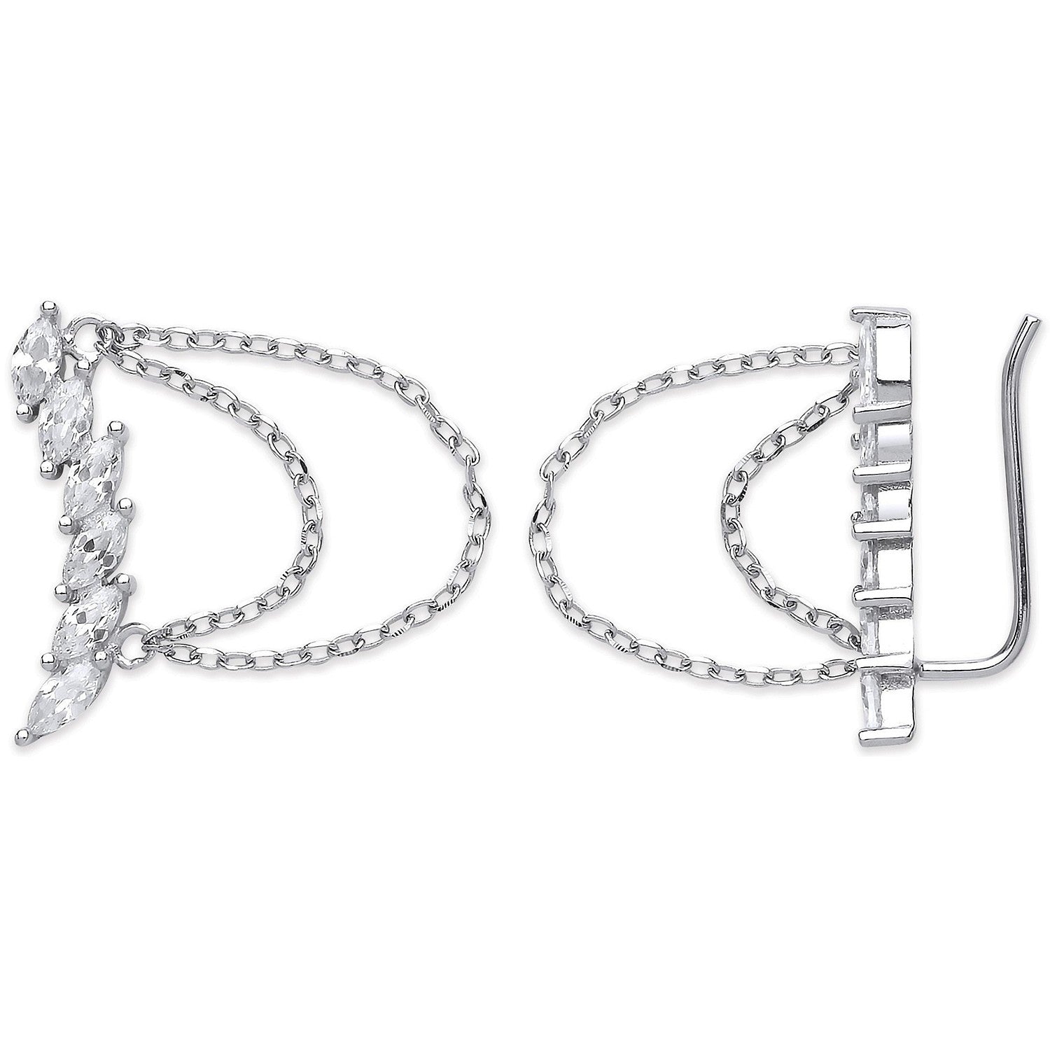Silver Arc-shaped Ear Hook Marquee Cz with Chain Ear Clip Earrings