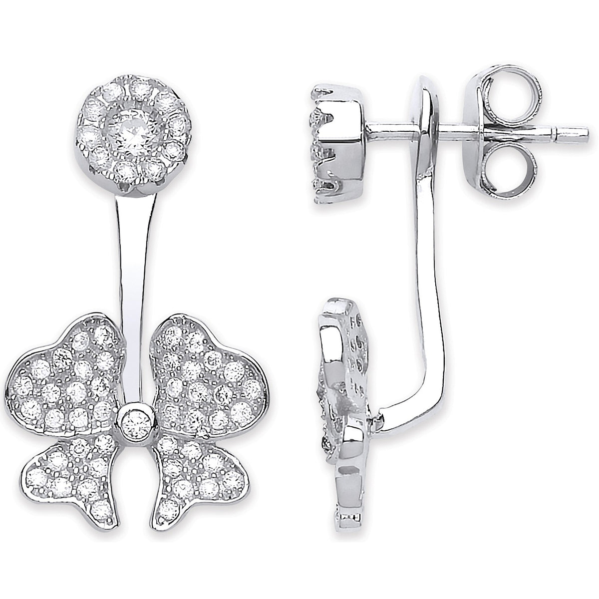 Silver Cz Bow Ear Stud Cuff Wrap Earrings