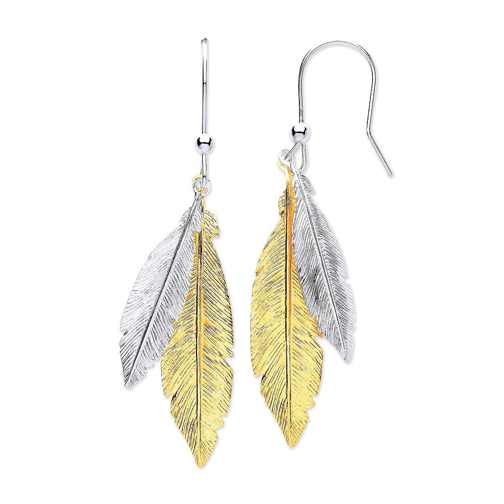 Silver & Gold Coated Feathers Drop Earrings