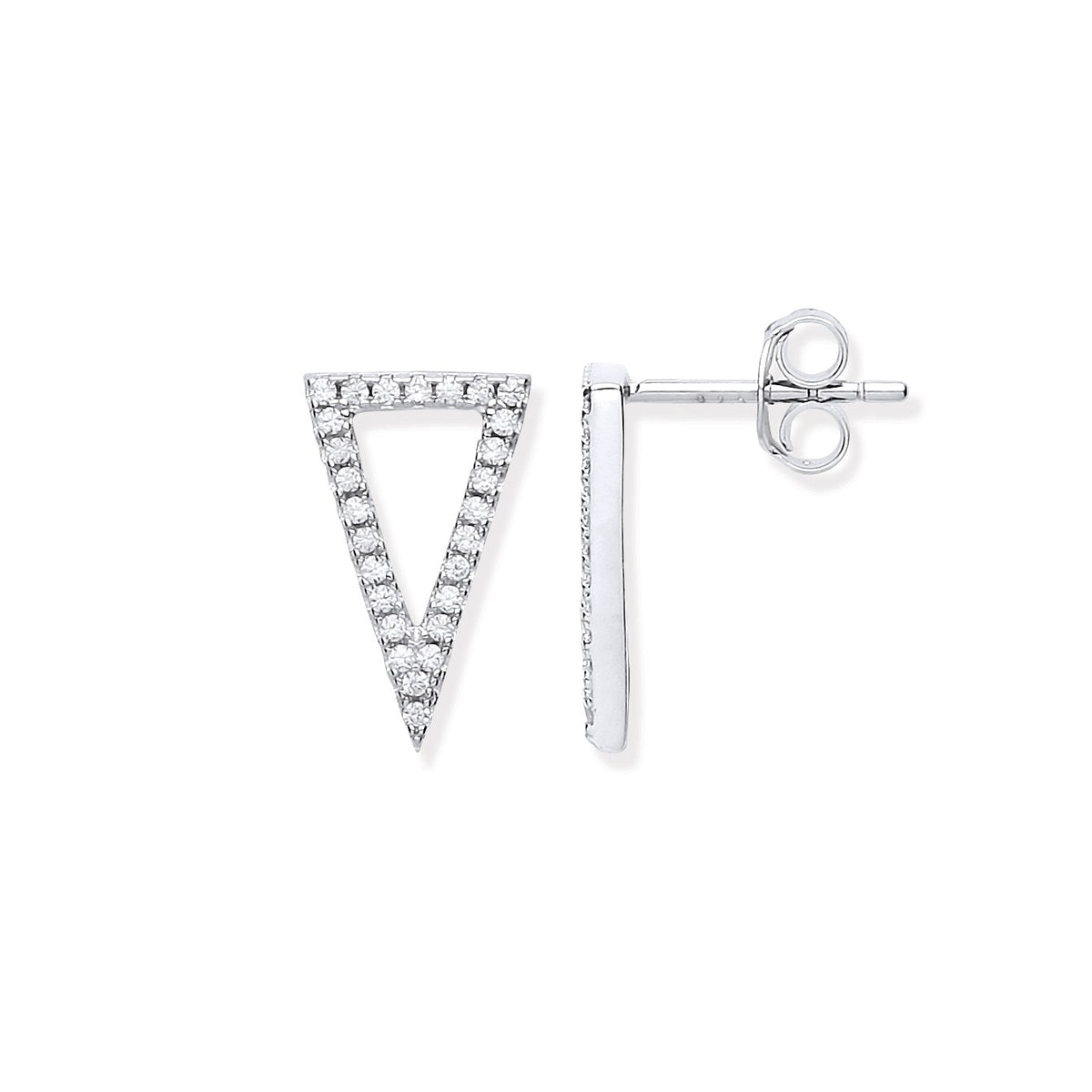 Silver Upside Down Cz Triangle Stud Earrings