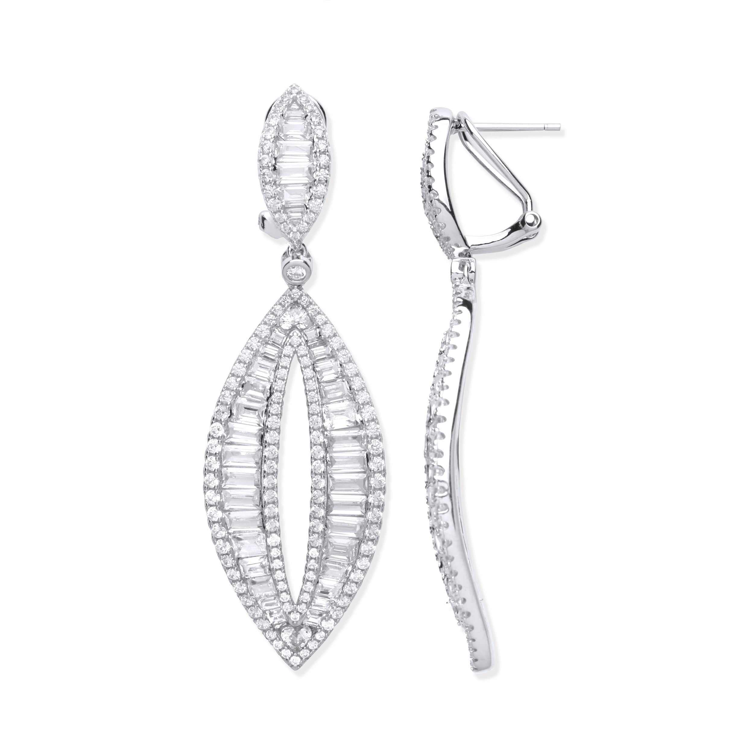 Silver Baguette and Round Open Drop Earrings