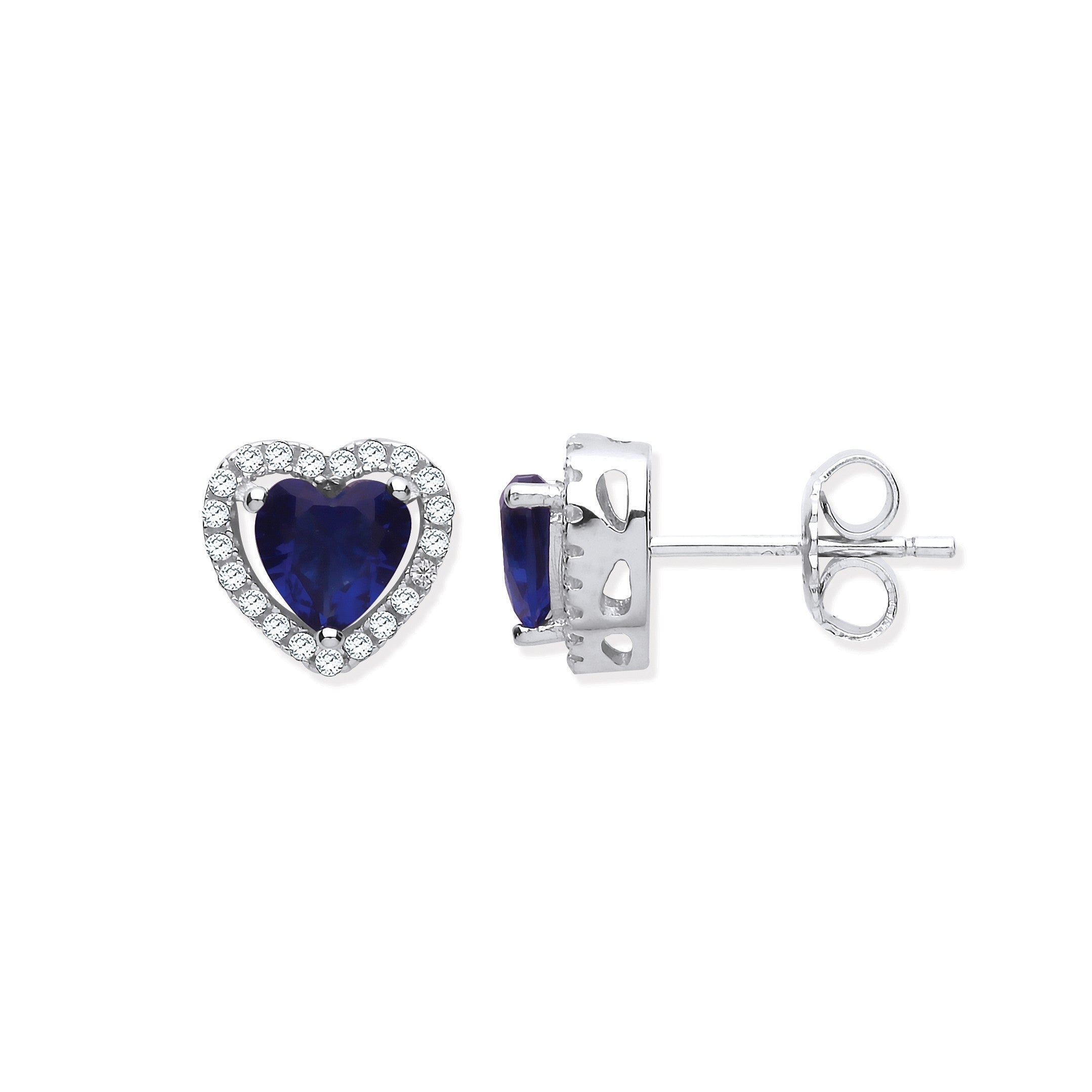 Silver Blue Cz Halo Heart Stud Earrings
