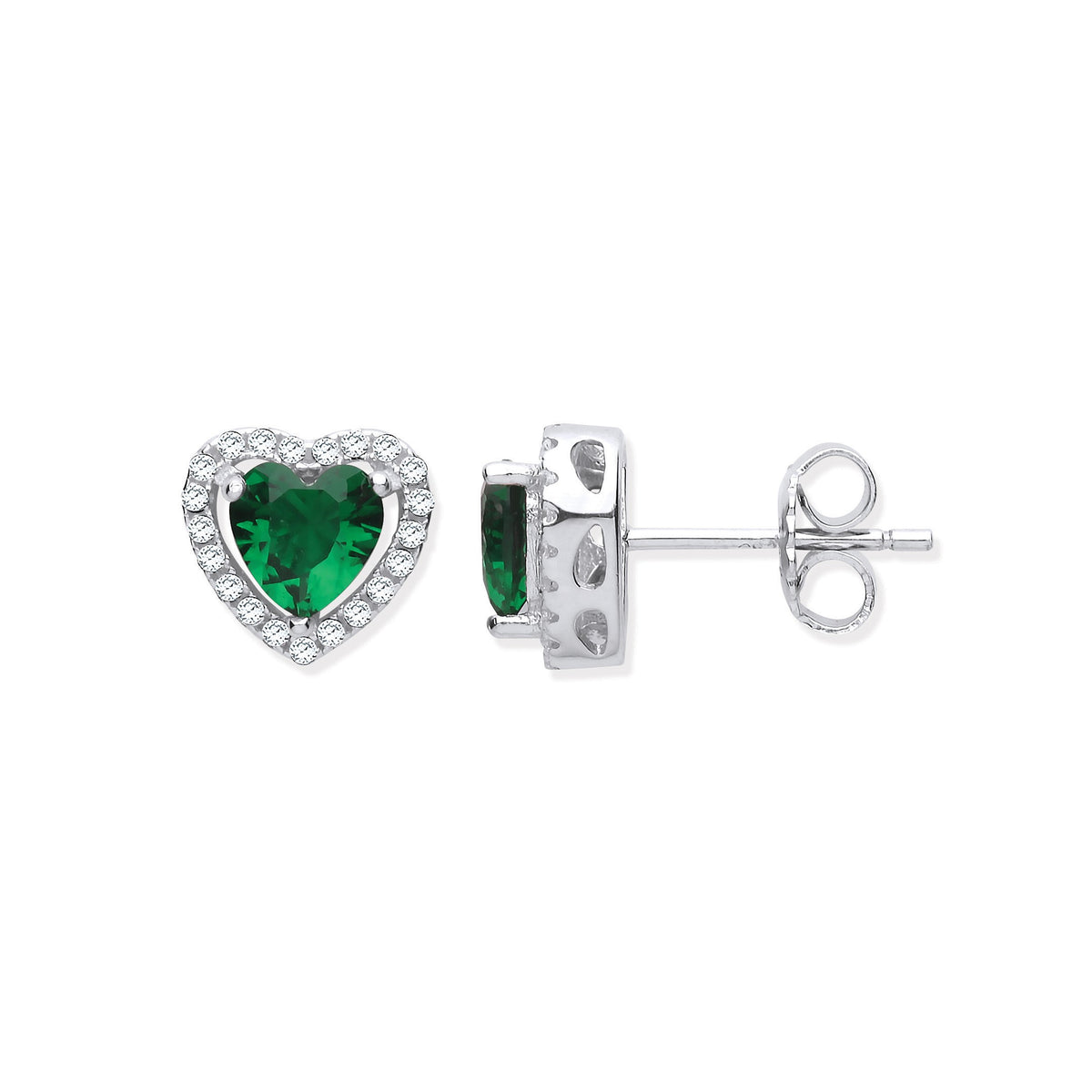 Silver Green Cz Halo Heart Stud Earrings