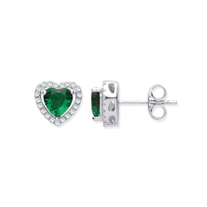 Silver Green Cz Halo Heart Stud Earrings