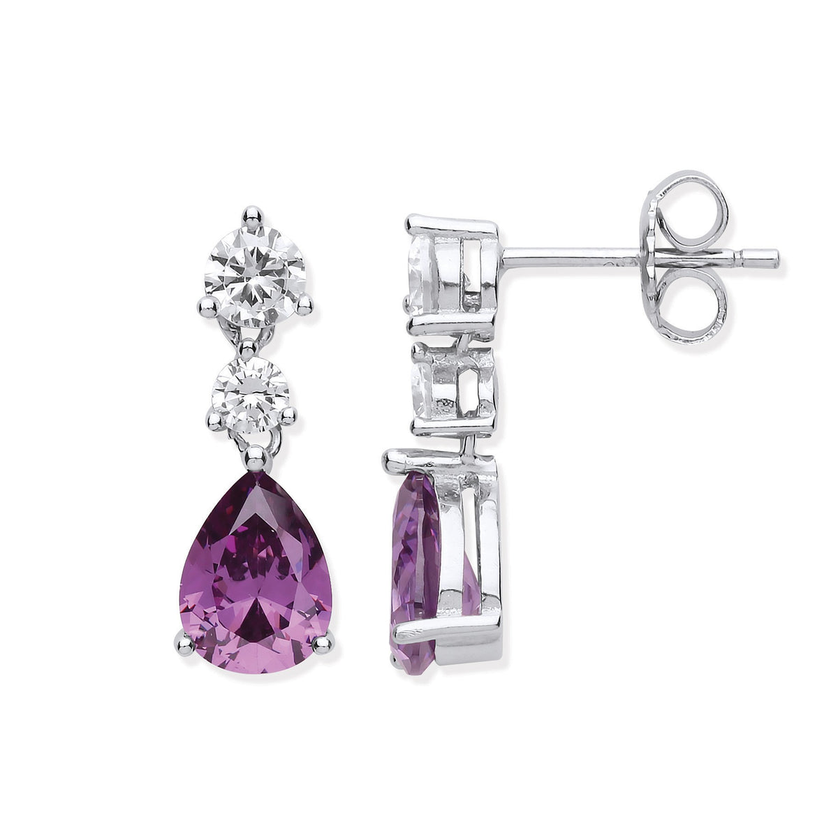 Silver Clear &amp; Amethyst Colour CZs Drop Earrings