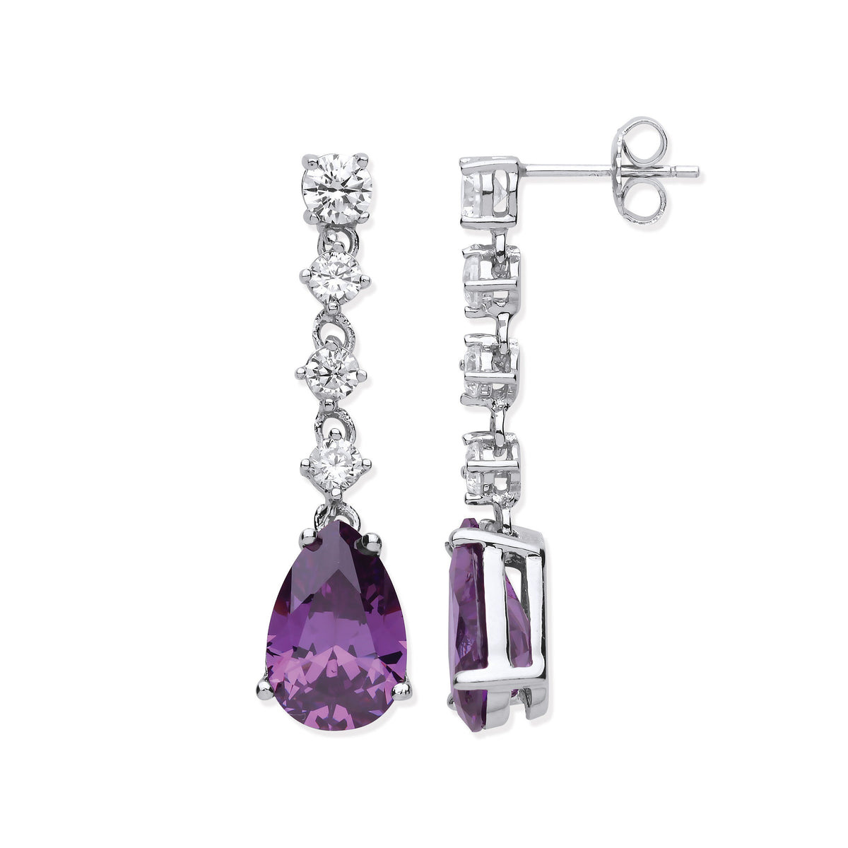 Silver Clear &amp; Amethyst Colour CZs Long Drop Earrings
