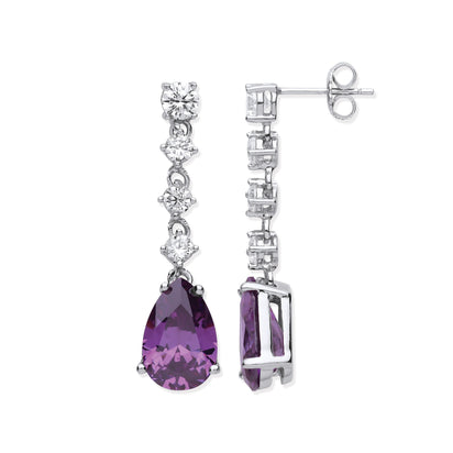 Silver Clear & Amethyst Colour CZs Long Drop Earrings