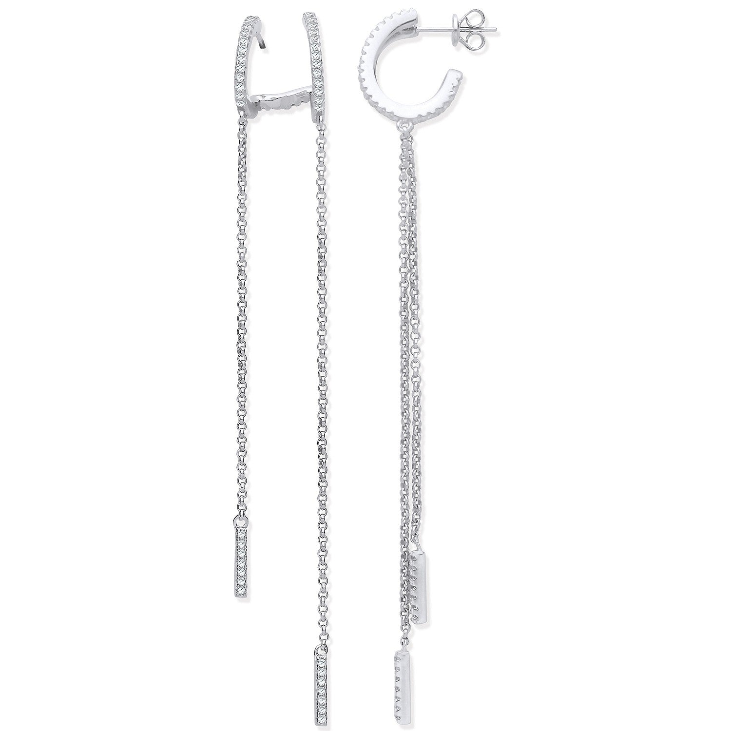 Silver CZ Hoop and Bar Chains Drop Earrings