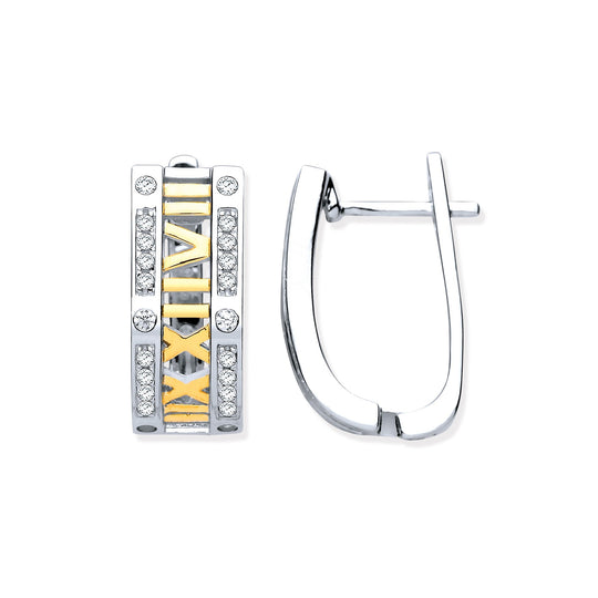Silver with Yellow Gold Plated Roman Numeral Hoop CZ Earrings