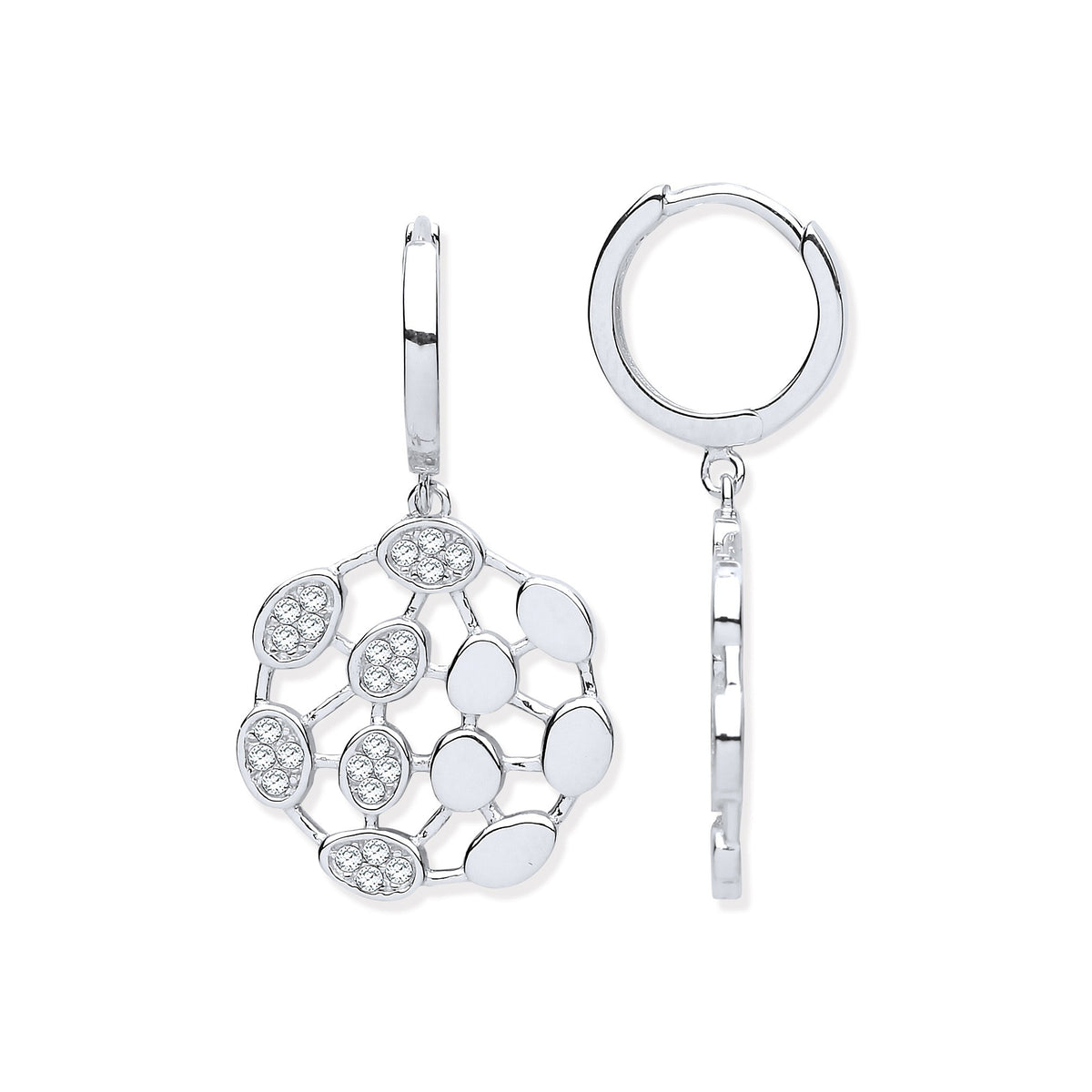 Silver Half Plain &amp; Half CZs Fancy Earrings