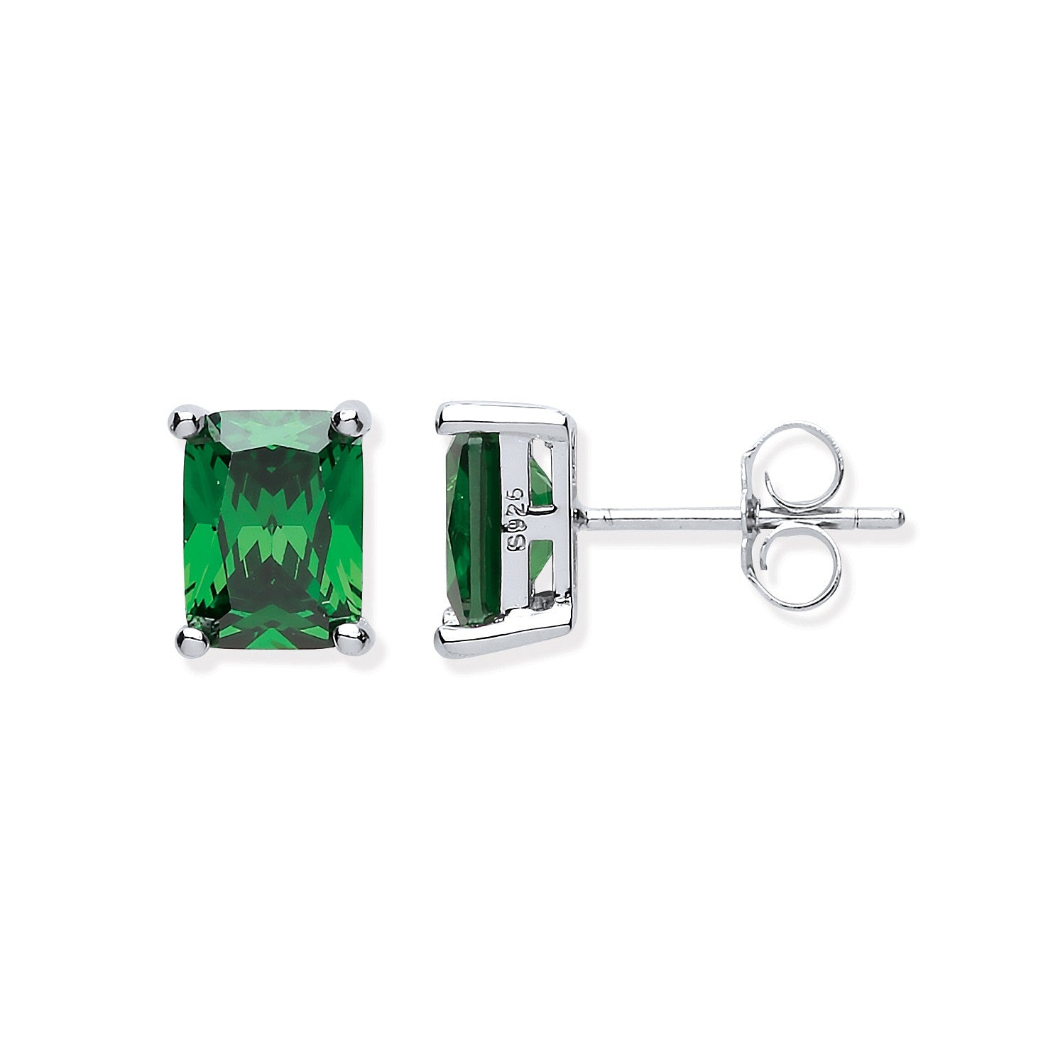 Silver Green CZ Emerald Cut Stud Earrings