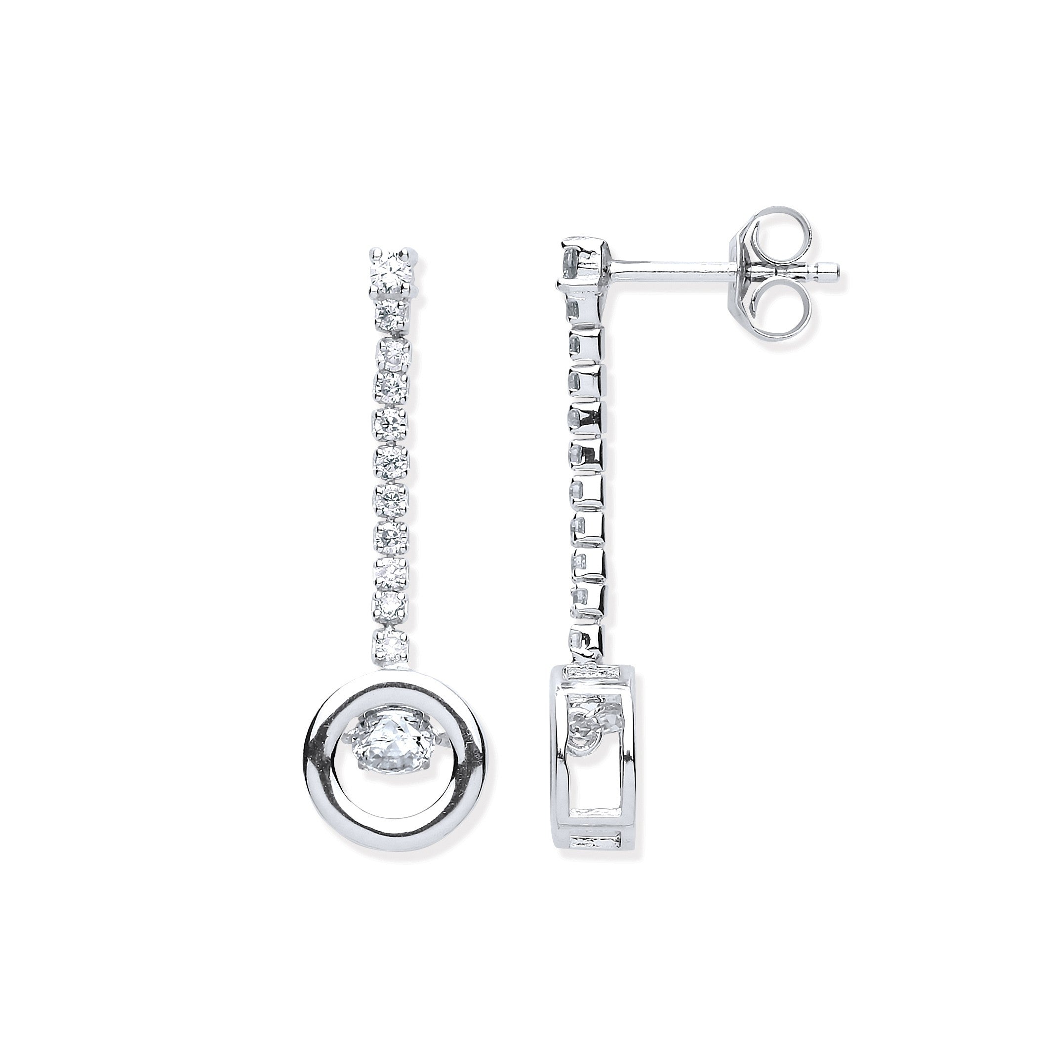 Silver Halo Style Moving Cz Two Row Drop Earrings