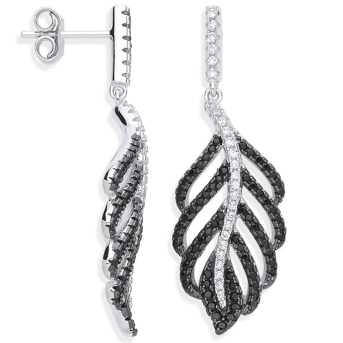 Silver Black &amp; Clear CZ Leaf Drop Earrings