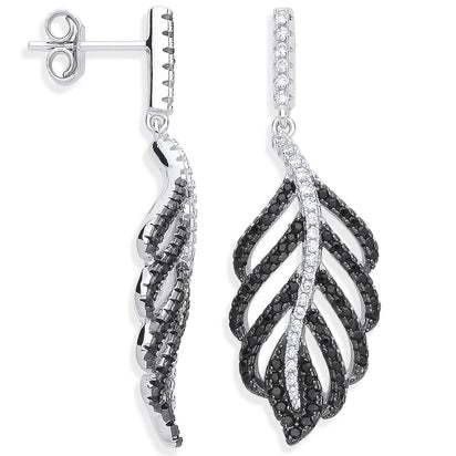 Silver Black & Clear CZ Leaf Drop Earrings